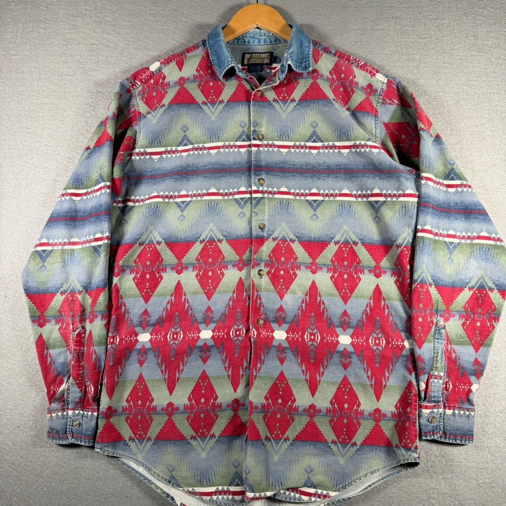 Ruff Hewn Mens Large Southwestern Geometric Aztec Button Down Shirt Made in USA